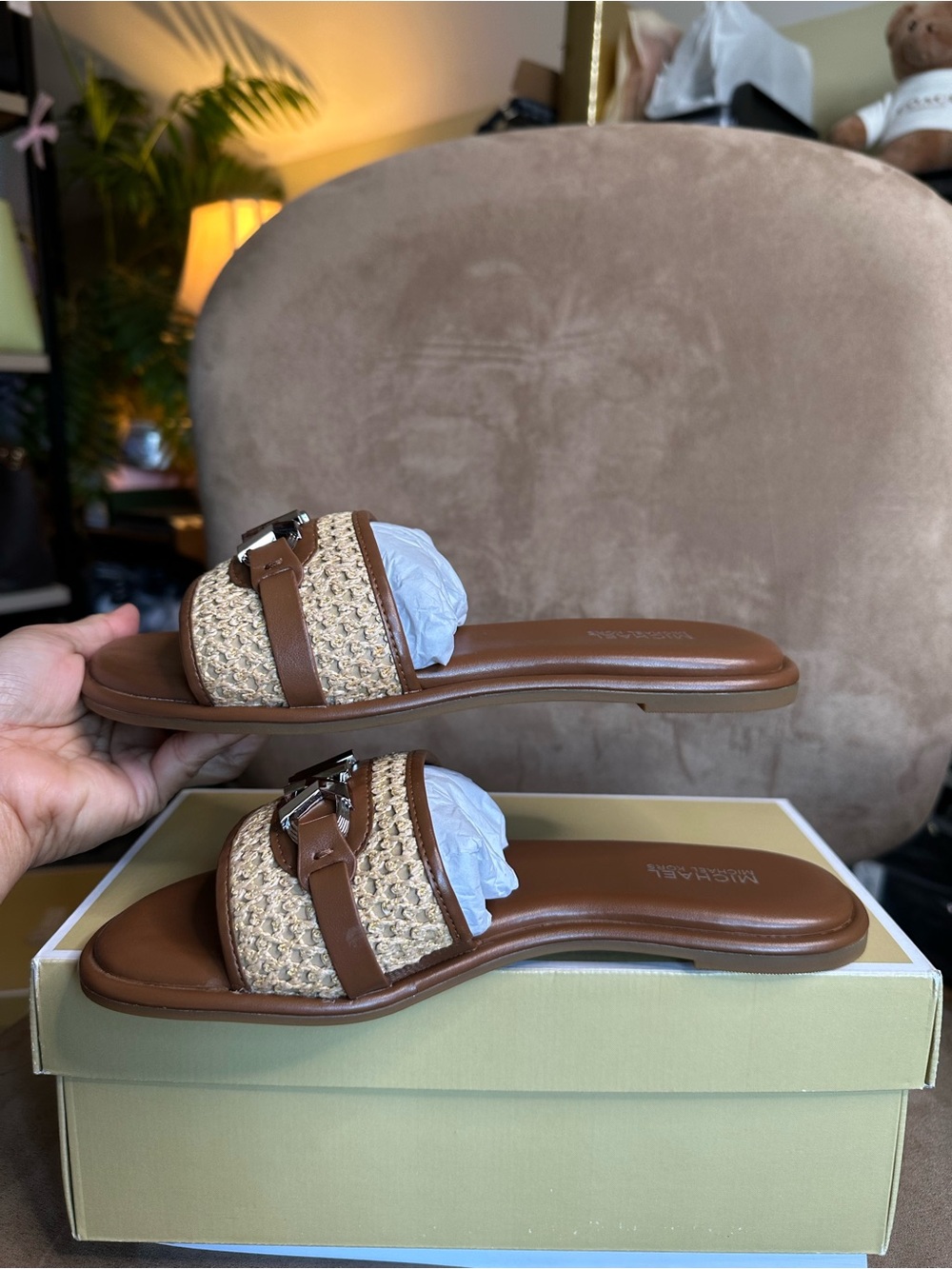 MICHAEL Michael Kors Ember Slide Brown Open Weave Raffia Logo Sandals US5.5M NEW - Picture 5 of 10